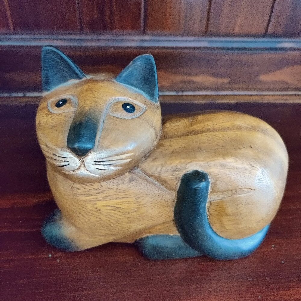 Farm Cat Large Primitive Style Decor  Wooden Figure Curled Up Sitting Kitten
